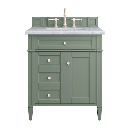 James Martin Vanities Brittany 30in Single Vanity, Smokey Celadon w/ 3 CM Carrara Marble Top 650-V30-SC-3CAR